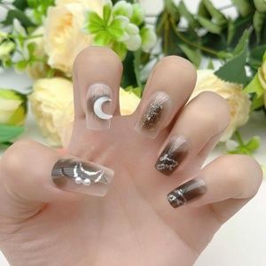 24pcs Short Square Black Ombre Smudged Glitter Moon Press-on Nails